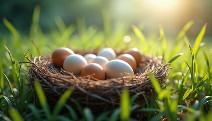 Obraz premium Nest with assorted brown, white eggs rests in green grass. Soft sunlight creates peaceful, natural scene, freshness, life. Organic eggs, ideal for spring rural themes, convey growth, fertility.