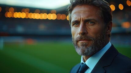 Man in suit portrait against stadium background