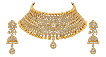 Exquisite gold kundan necklace and earring set with pearl drops elegant indian bridal jewelry collection high quality gemstone embellishment transparent background