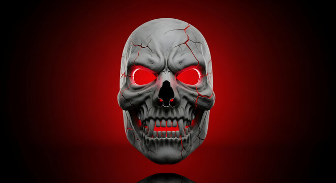 Cracked Skull with Glowing Red Eyes: Halloween Illustration