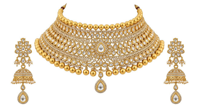 Exquisite gold kundan necklace and earring set with pearl drops elegant indian bridal jewelry collection high quality gemstone embellishment transparent background