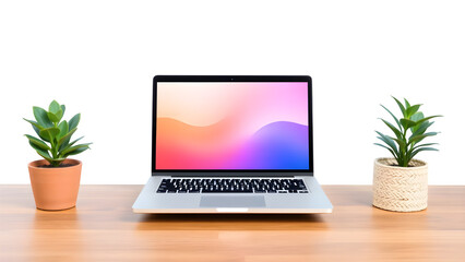 Fototapeta premium Modern laptop displaying colorful abstract screen between two potted plants on a wooden desk transparent background