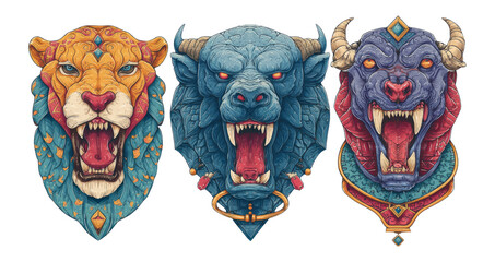 Fototapeta premium Vibrant Animal Heads with Intricate Designs on Transparent Background