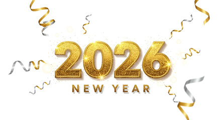 Celebrate 2026 New Year with sparkling gold glitter numbers and festive ribbons, perfect for holiday greetings and event announcements, a stunning visual