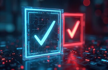 Digital confirmation check mark in glowing blue square, representing technology, cybersecurity, data protection success. Another red check mark signifies failure pending status in background. Both on