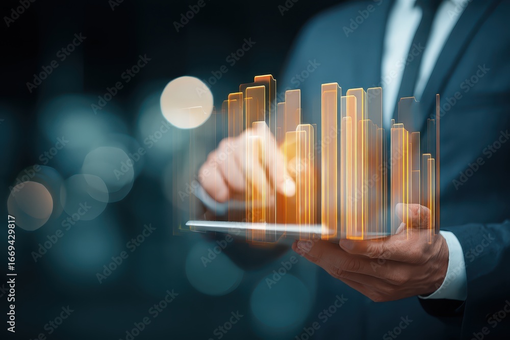 Poster business person managing online document folders while analyzing digital data trends in a modern off