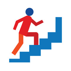 Geometric figure climbing blue stairs steps progress