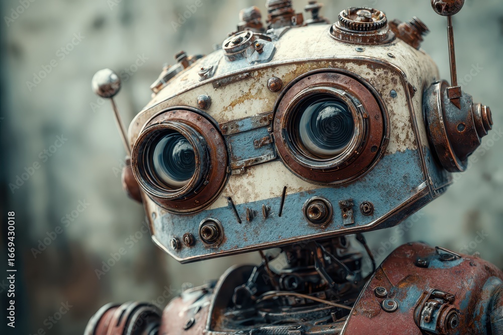 Poster intriguing close-up of a scary robot android showcasing old metal mechanisms and gears set against a