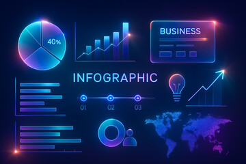 Glowing neon infographic elements with modern business data design on dark background, Futuristic neon business charts and infographics isolated on black background.