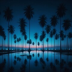 Blue hour scene: rows of coconut trees in near-black silhouettes 