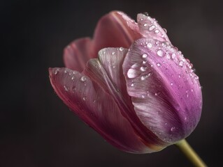 Pink Tulip with Dew Drops on Petals Against Dark Background