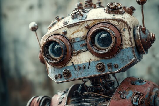 Intriguing close-up of a scary robot android showcasing old metal mechanisms and gears set against a worn backdrop, evoking a sense of nostalgia and curiosity about its origins