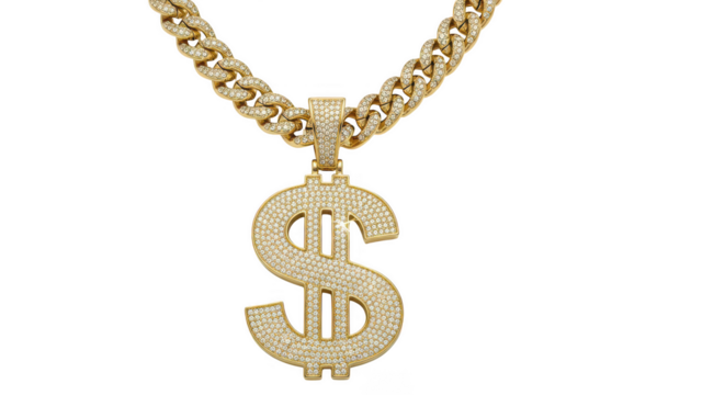 Luxurious gold dollar sign pendant necklace symbolizing wealth prosperity and financial success on a simple black backdrop transparent background