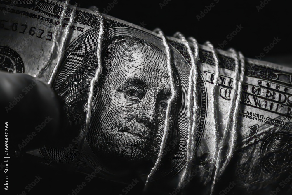 Poster close-up of a rolled banknote secured with twine, focusing on the intricate details of the currency 