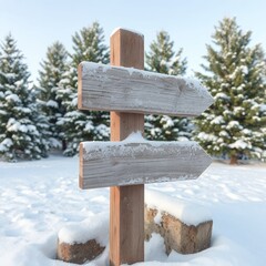 Naklejka premium Snowy wooden signpost points direction in winter forest scene