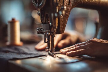 Hands skillfully work on a vintage sewing machine during a textile project in a well-lit workshop setting