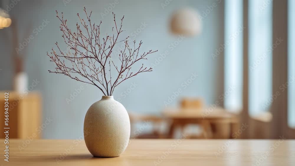 Poster focused shot of a simple ceramic vase holding a single branch set on a smooth tabletop while the mut