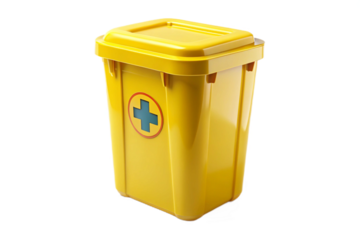 Yellow medical waste bin with biohazard symbol isolated realistic photo for healthcare and safety transparent background
