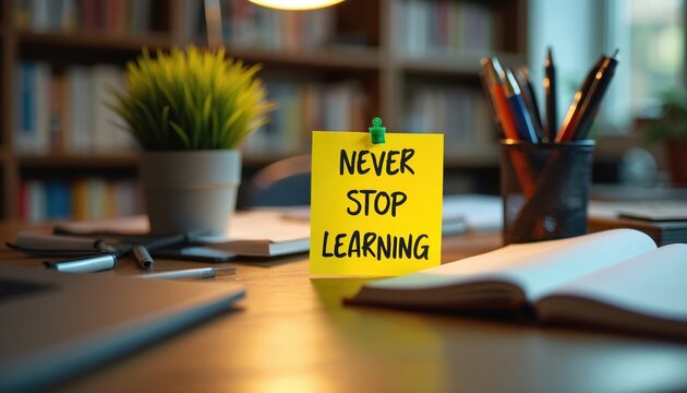 Motivational workspace features yellow sticky note Never Stop Learning message. Desk includes open notebook, pens, laptop, potted plant. Bookshelves in background suggest study office setting.