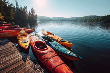 Vibrant kayaks resting by the lake under a clear blue sky on a sunny summer day surrounded by lush greenery and mountains in the distance