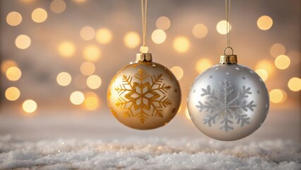 Two elegant christmas ornaments gold and silver with bokeh lights creating a festive holiday atmosphere