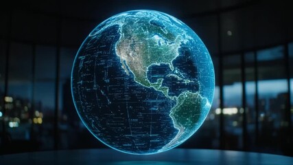 Holographic globe displaying world map with digital overlay - Powered by Adobe