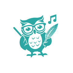 Fototapeta premium A whimsical owl stands upright holding a feather quill, showcasing oversized glasses. Musical notes float around, enhancing its creative vibe. The teal color brings a lively touch.