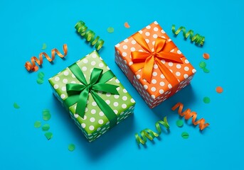 Two colorful gift boxes with ribbons and confetti