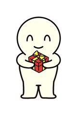 A simple full-length portrait of a smiling person holding a gift.
