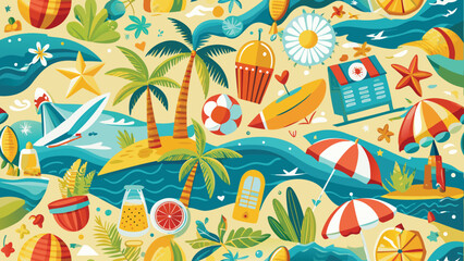 Fototapeta premium Vibrant beach scene with palm trees surfboards and beach umbrellas summer vacation