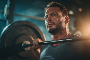 Caucasian man lifts heavy weights in gym focused on strength training during evening workout session