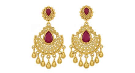 Exquisite gold drop earrings featuring deep red gemstones and intricate filigree adorned with pearls and tiny golden drops transparent background