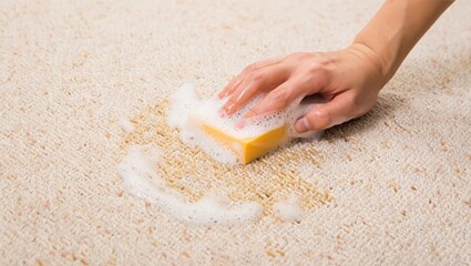 Hand cleaning a carpet stain with a sponge and soap