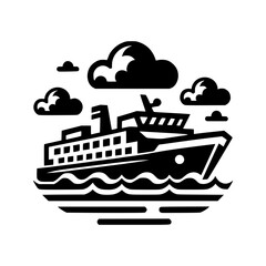 Ferry Boat Sailing on Water with Clouds black and white vector icon with transparent background 
