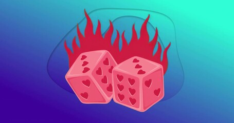 Starting showing pink dice with heart pips over red flames on blue gradient showcasing love theme - Powered by Adobe