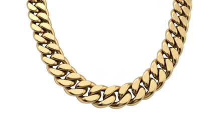 Luxurious heavy gold cuban link chain close up against a demonstrating opulent jewelry design transparent background