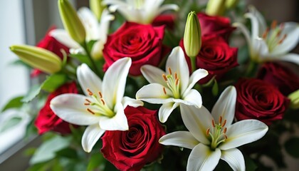 Obraz premium Close-up of vibrant bouquet featuring rich red roses, pristine white lilies nestled among green leaves. Elegant arrangement of fresh blossoms, love, celebration, creates romantic atmosphere perfect