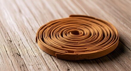 Close-up of rolled Ceylon cinnamon quills on a rustic wooden surface