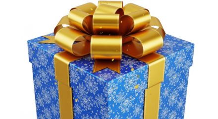 Sparkling blue gift box with a shiny gold ribbon and bow tied for a festive celebration or holiday surprise transparent background