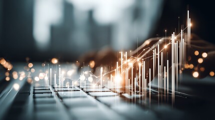 A dynamic visualization of data growth emerges from a keyboard, representing technological advancement and financial trends with glowing lines and bars, evoking a sense of progress.