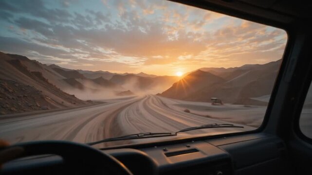 Truck Driving Through Desert at Sunset: Cinematic Journey Through Arid Landscape