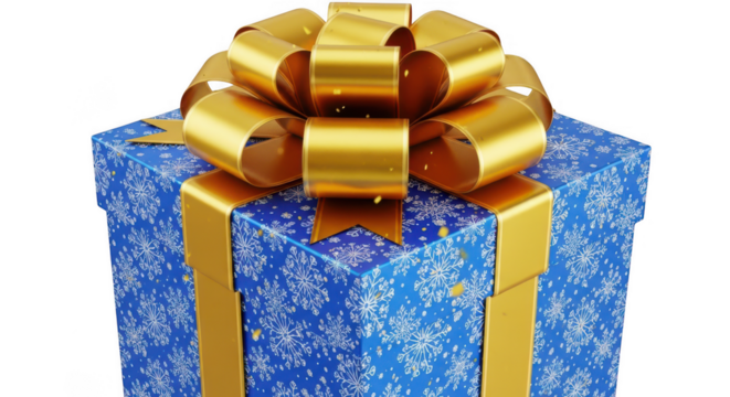 Sparkling blue gift box with a shiny gold ribbon and bow tied for a festive celebration or holiday surprise transparent background