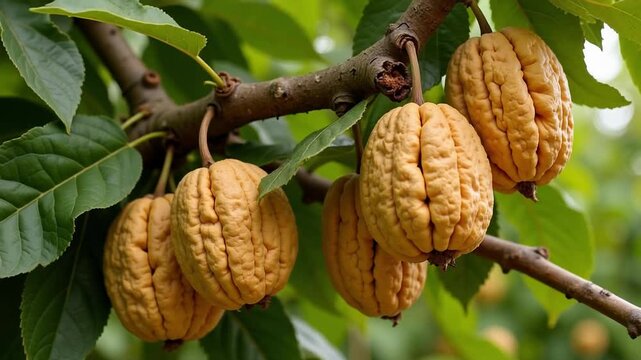 Golden walnuts gleam vibrantly on healthy tree branches, showcasing natural beauty in stunning 4k video footage.