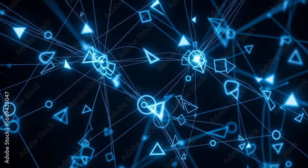 Aufkleber abstract glowing geometric shapes connected by lines on a dark blue background. concept for data vis