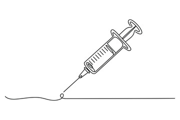 Hand drawn sketch of a medical syringe with a needle injecting a liquid droplet onto a white background
