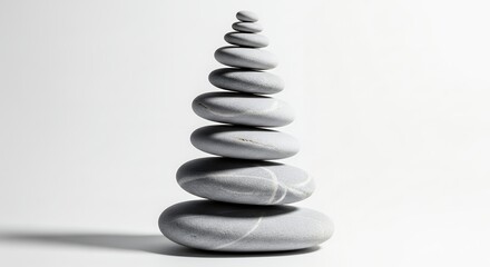 Fototapeta premium Balanced stack of smooth grey stones on white backdrop exhibiting subtle marble pattern, concept for zen tranquility, serene meditation and nature harmony