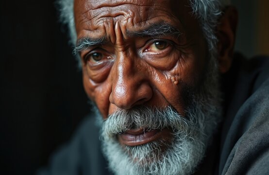 Close-up portrait of an elderly African American man face, showing deep wrinkles and a sorrowful expression. His eyes convey sadness and despair, reflecting a lifetime of experiences and emotions.