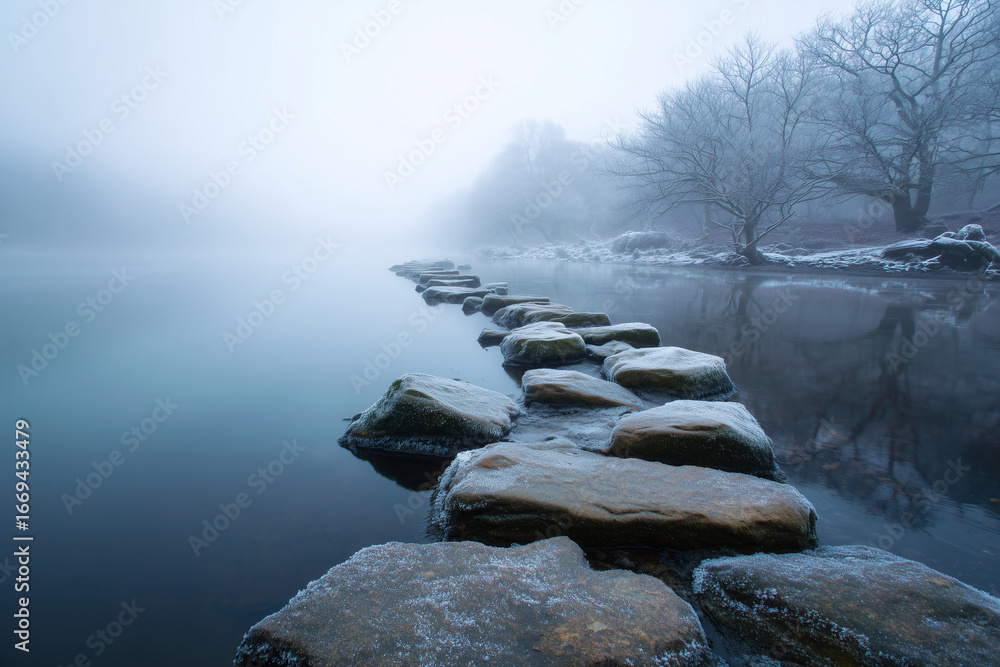 Poster a frozen lake with a path of rocks leading across it
