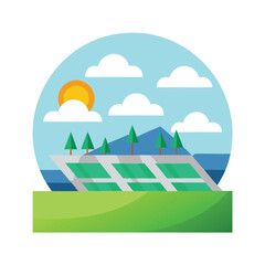 Landscape with solar panels and mountains clouds