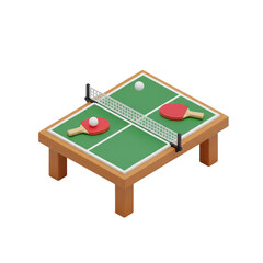 Creative 3D artwork of a ping pong game scene showing paddles, net, and ball on a small table.